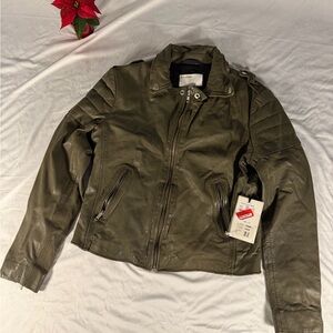 Muubaa Leather Jacket Biker Women’s Size 10 US Olive Green NWT New